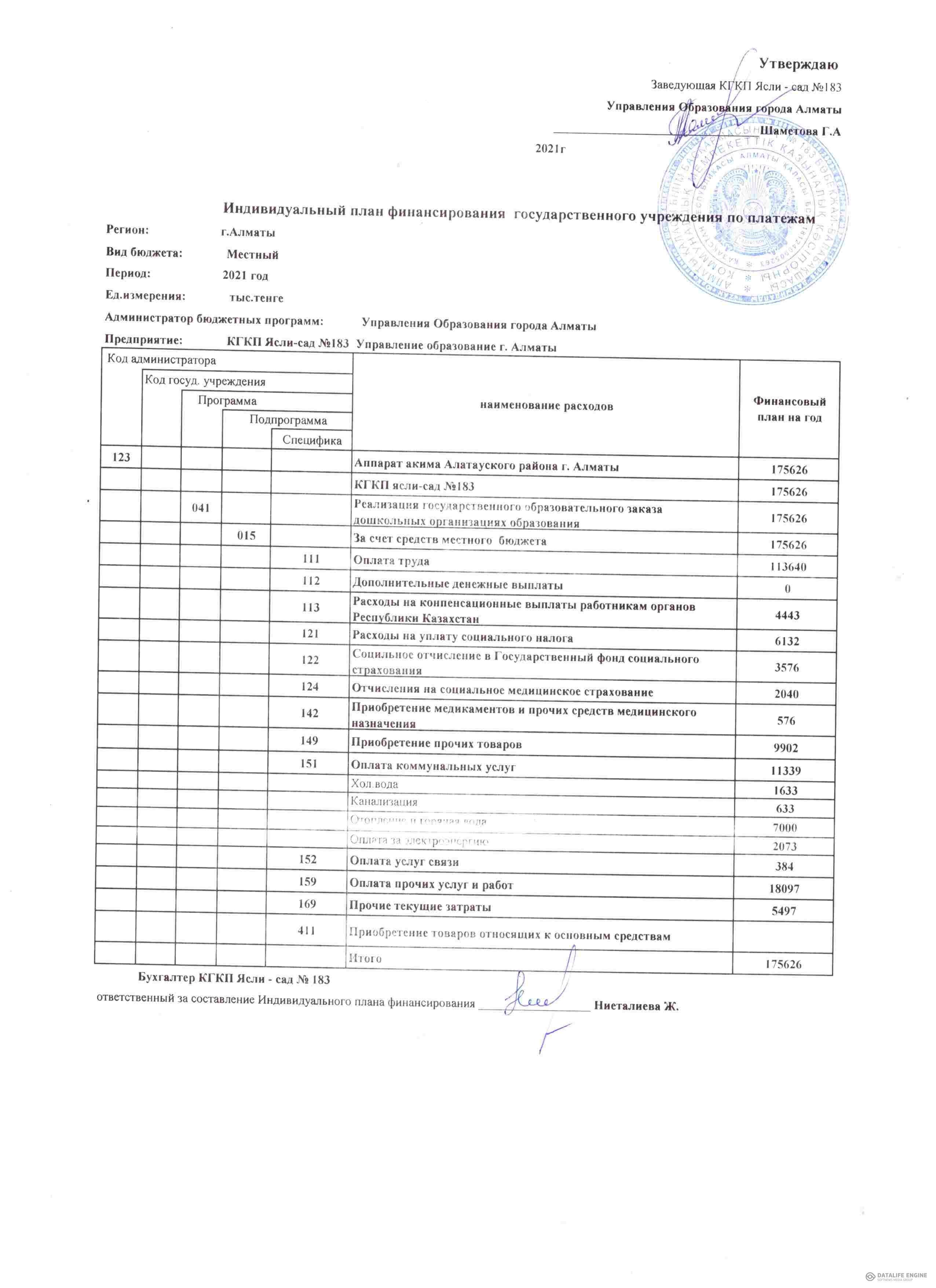 Индивидуальный план финансирования 2021 г