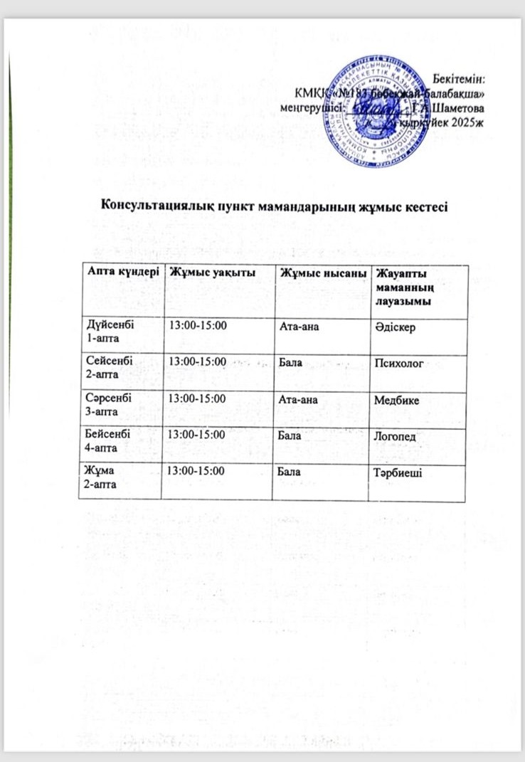 консультациялық пункт мамандарының жұмыс кестесі